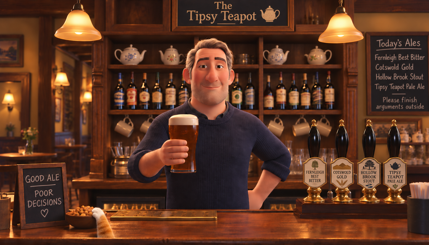 Neil behind the bar at the Tipsy Teapot, holding a pint